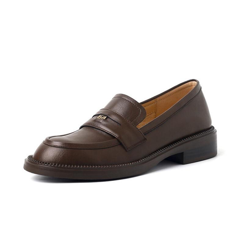 New round head leather large size single shoes women's low heel non-slip thick sole comfortable fashion sheepskin women's shoes four seasons small le