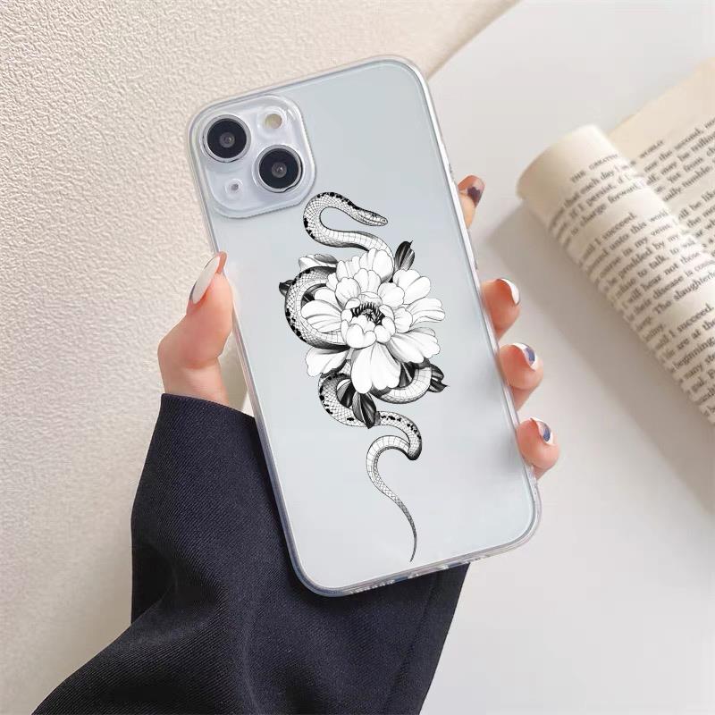 Luxurious Black White Flower Snake Clear Phone Case for IPhone X XR XS 14 13 12 11 Pro Max Mini 7 8Plus Unique Dragon Back Cover