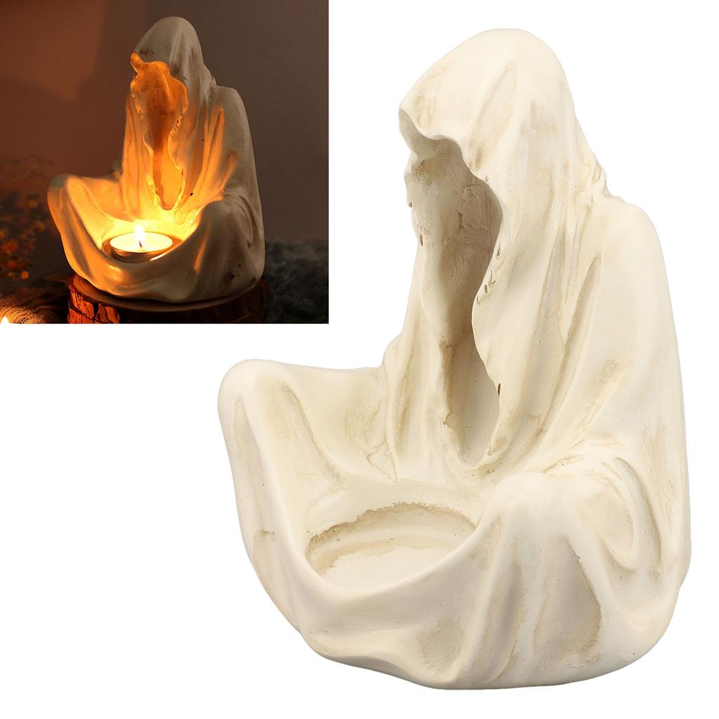 Reaper Sitting Candle Holder White Resin Death Robe Sculpture Spooky Decorative Gothic Tea Light Can