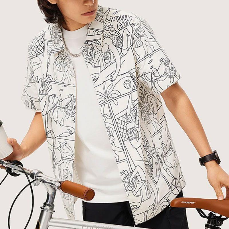 Li Ning Sports Life Collection Shirt Men's Black White Combination Print ASHU237-2