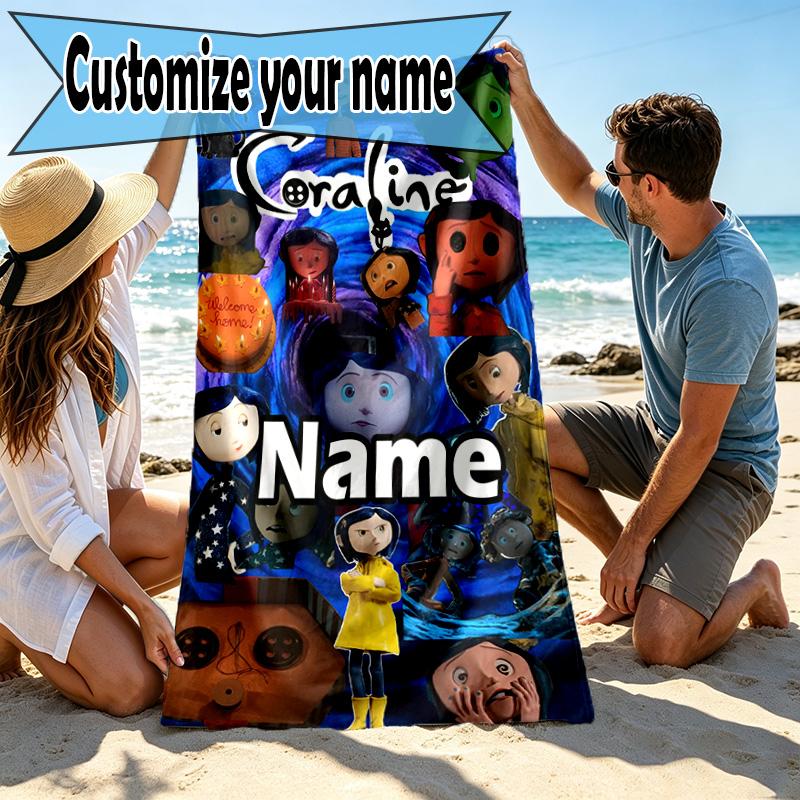 Custom Name Personalized Coraline Print Beach Towel, for Trip Camping Beach Party Home Decor, Birthday Gift for Family & Friends