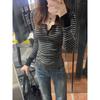 American Retro Black Gray Striped U Neck Long Sleeve T Shirt Women Slim Fit Top
