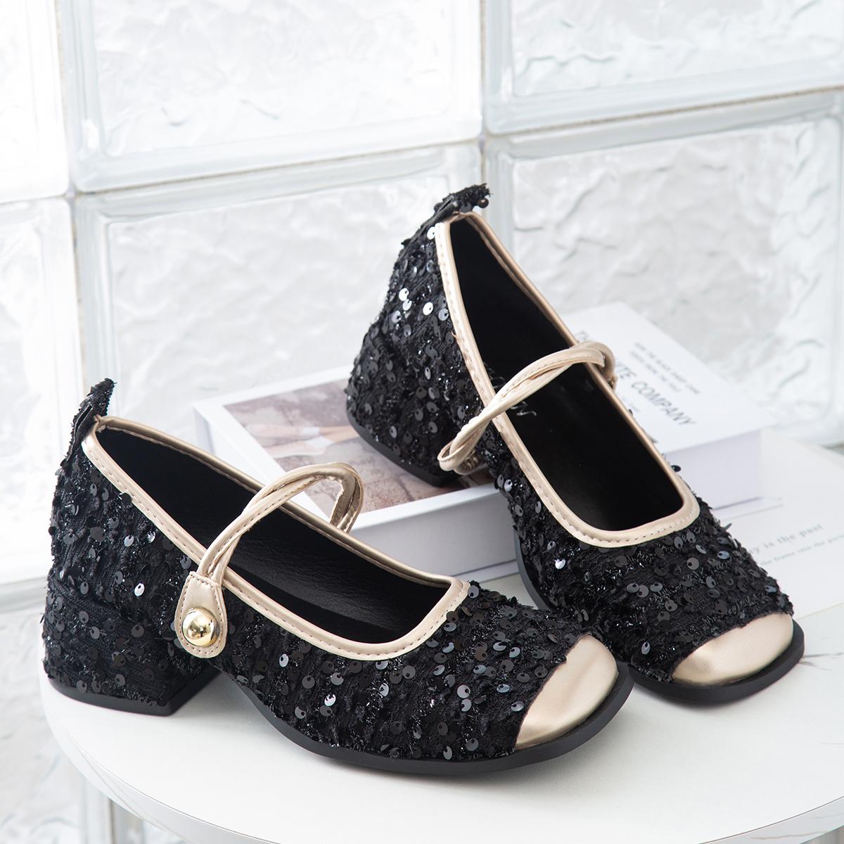 

Туфли Мэри Джейн во французском стиле, маленькие, ароматные, новые, с блестками, на толстом каблуке, весенние, женские, одиночные туфли 35