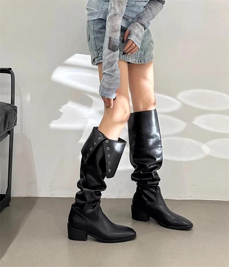 New Vintage Women'S High Heel Slim Boots Long Denim Boots Middle Heel Stackable Western Style Rubber Material Fall Winter