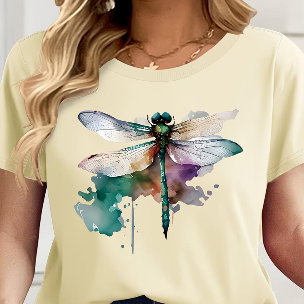 Crew Neck Short Sleeve Watercolor Style Dragonfly Print T Shirt Women's Outfits Daily Wear Lady Soft Sportswear Basic Top