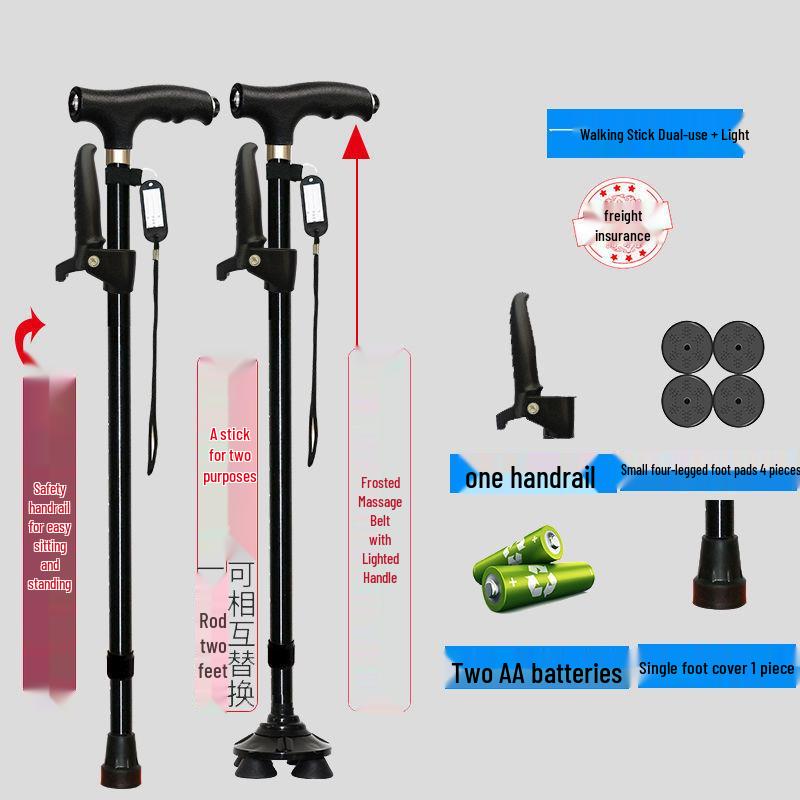 Four-Legged Aluminum Walking Cane with Light, Non-slip, Telescopic, Lightweight, Multi-functional Support for the Elderly