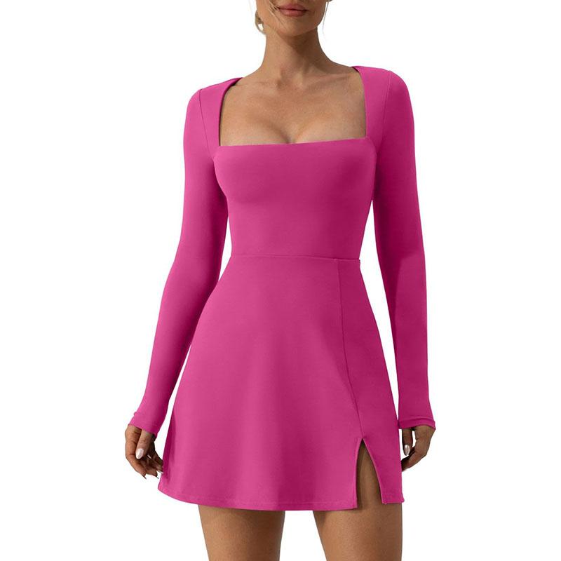 Womens Square Neck Bodice Dress Long Sleeve Side Slit Flare Mini Dresses