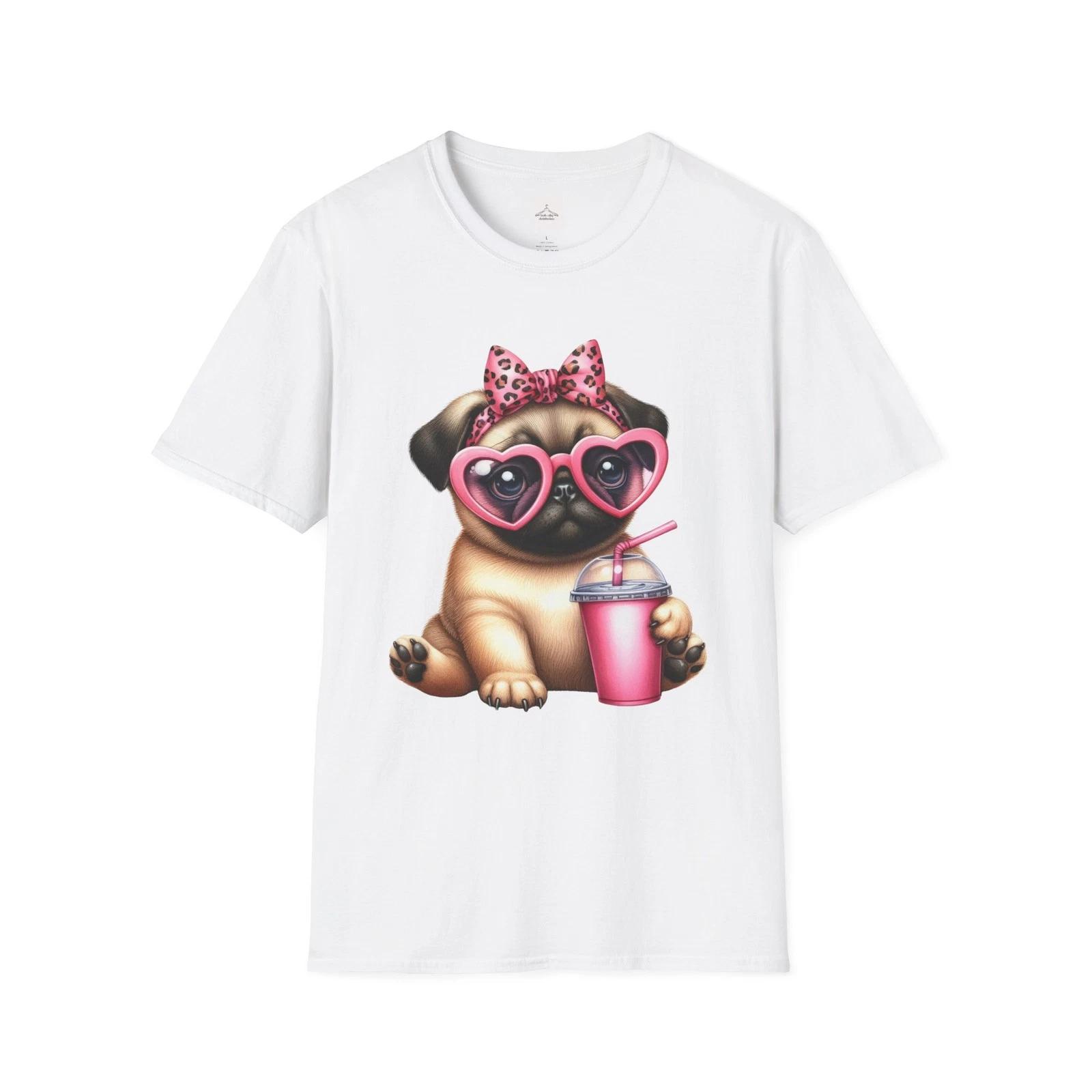 Pug with Heart Sunglasses T-Shirt | Cute Puppy Drink Graphic XL