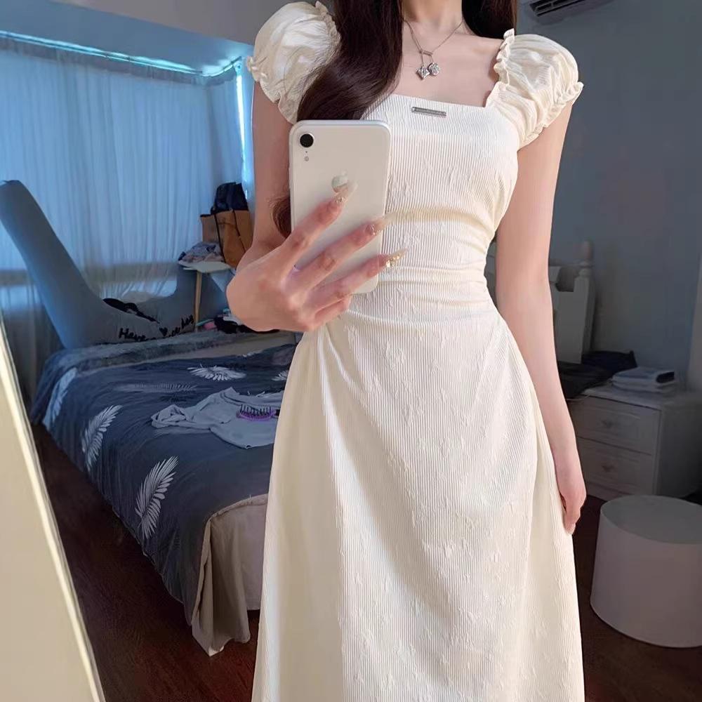 New Small French Square Neck White Dress Summer Women's Clothing Gentle Style Temperament Waist Dress
