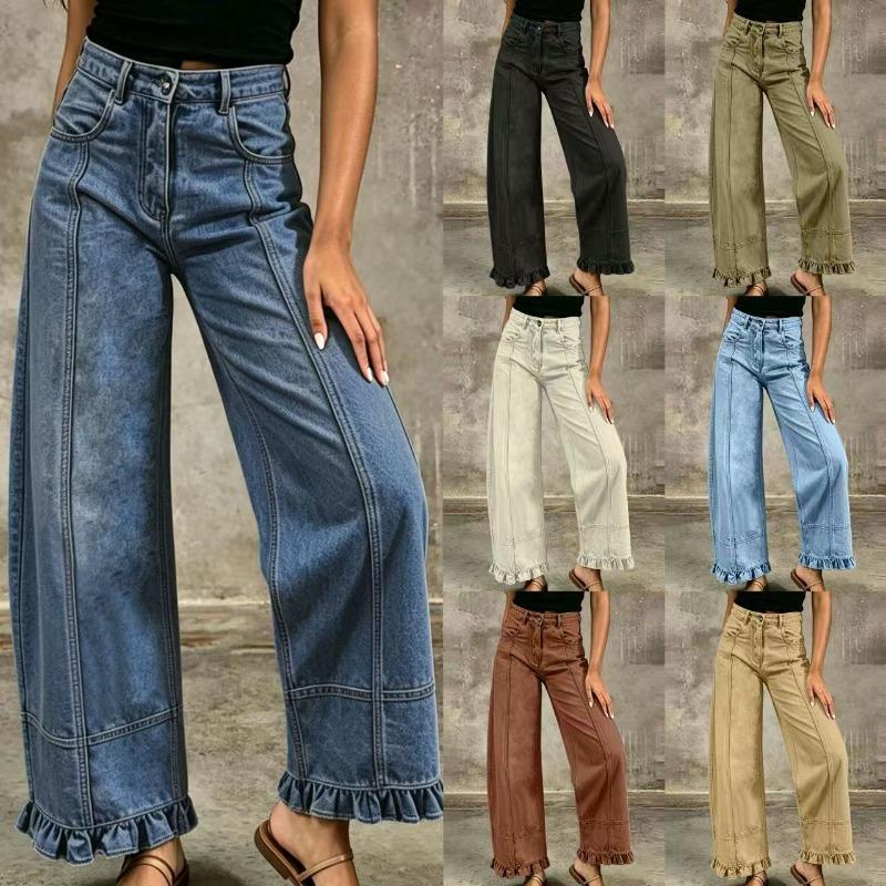 Jeans da donna a gamba dritta e larghi, design alla moda con bordo a fungo