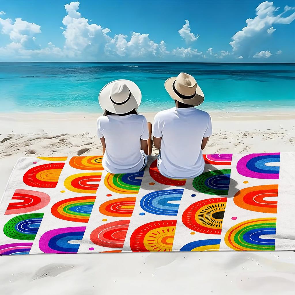 1pc, Rainbow Theme Extra Large Soft Beach Towel,Multicolor Arc Print Pattern, Microfiber Bath Towel,Quick-Drying,Super Absorbent