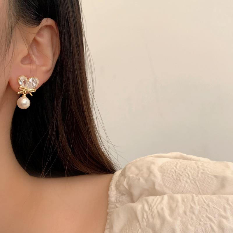 \nDelicate French Zircon Heart Stud Earrings with Bow, Pearl Tassels In 925 Silver for Women