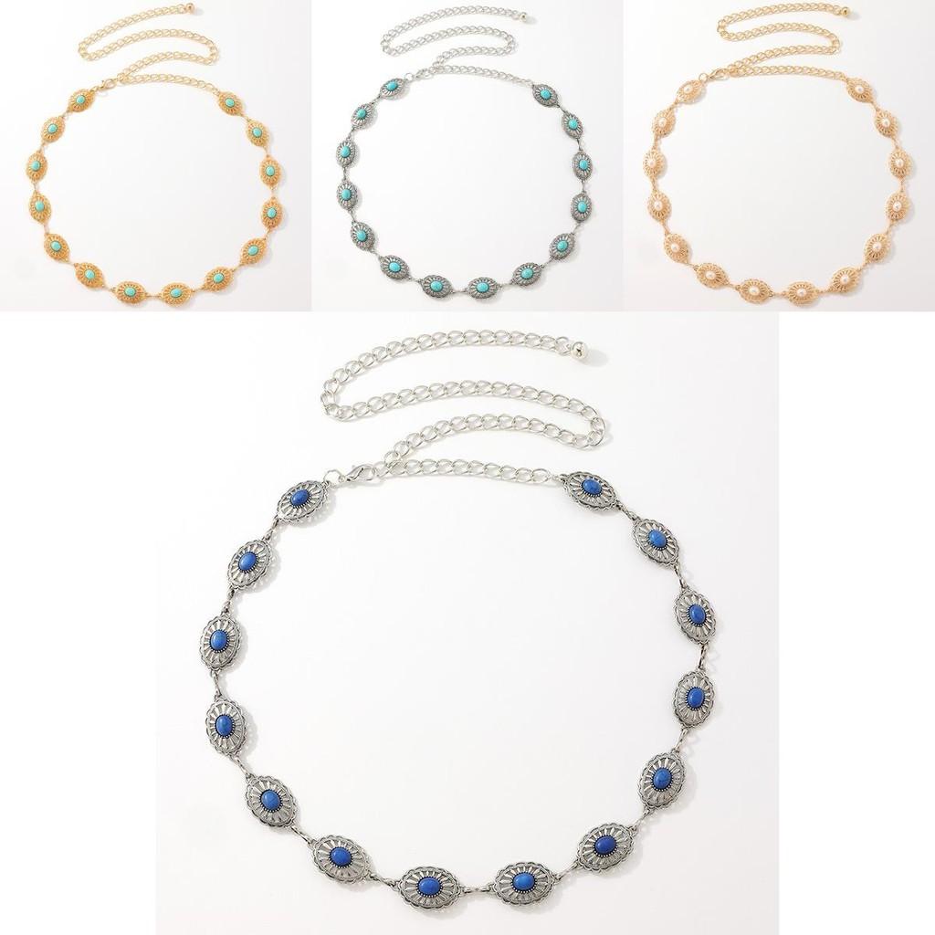 Hollow Turquoise Ladies Metal Waist Chain With Pearl Detailing For Spring Summer And