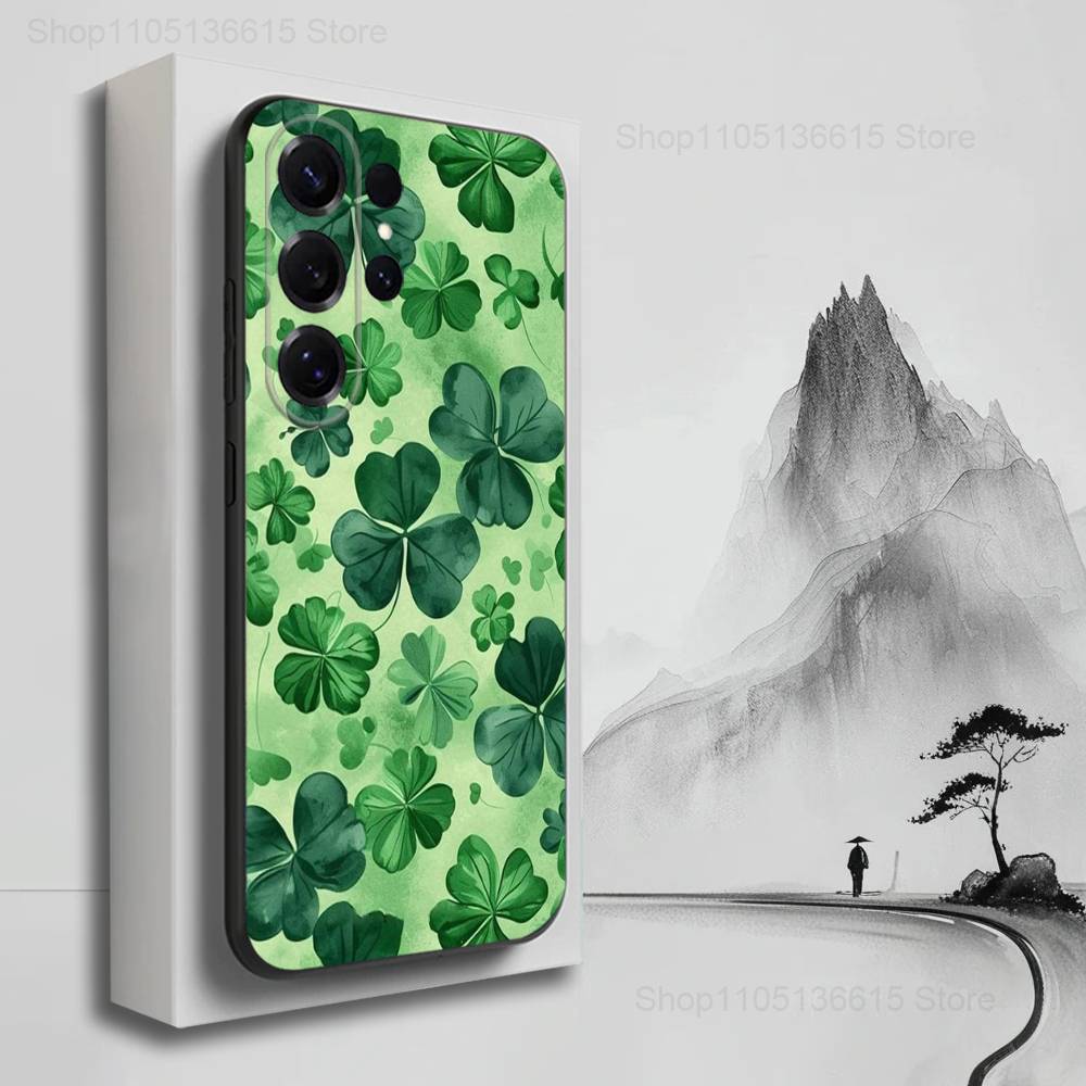 Four Leaf Clover Lucky Art Phone For Samsung S25,S10,S20,S10,S21,S9,S24,S23,Ultra,FE,Plus,Lite,Soft Silicone Black Cover