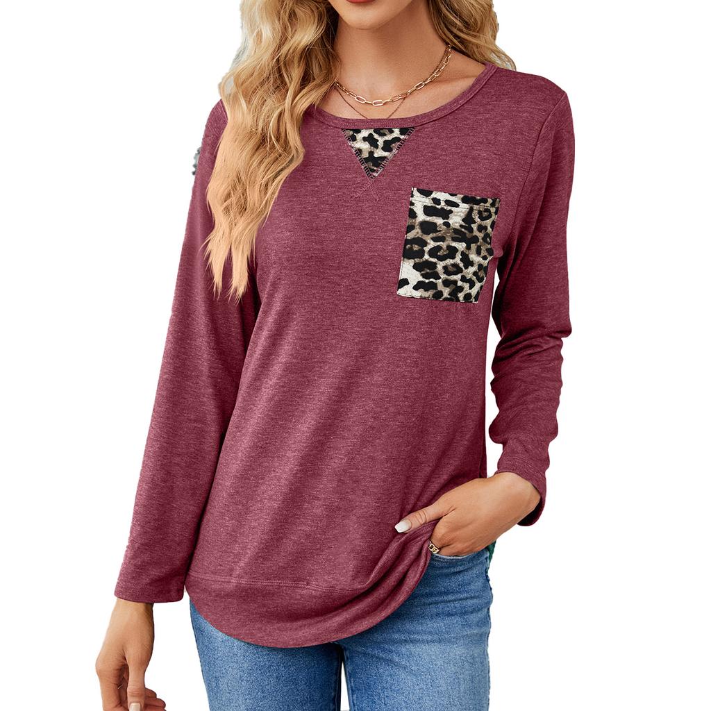 Vår og høst Dame Ny Mote Leopard Søm Langermet T-skjorte Damer Casual Topper