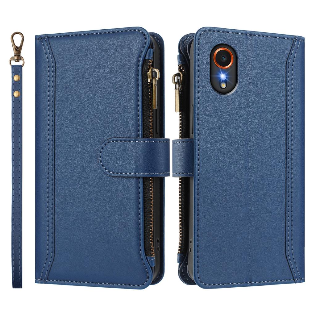Kožené pouzdro pro Samsung Galaxy Xcover7 9 přihrádek na karty Peněženka na zip Stojánek Kryt na telefon s poutkem na zápěstí