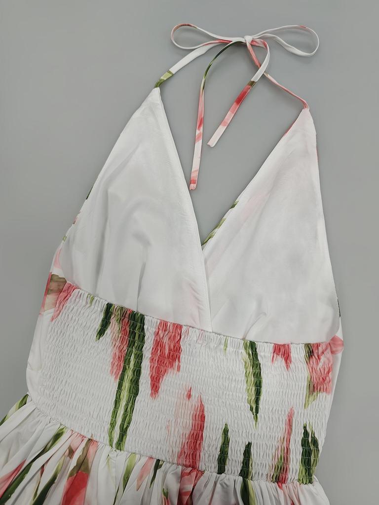 Frühling/Sommer Romantisches Resort-Stil V-Ausschnitt Rückenfreies A-Linien-Kleid - Damen Strandmode