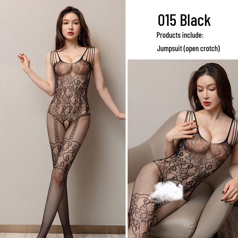 Black Open-Crotch Fishnet Stockings - No Need To Remove, Sleek and Sexy One-Piece, Perfect for a Seductive Night In.