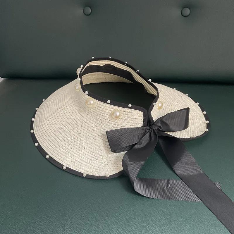 Foldable Empty Top Straw Hats For Women Summer White Imitation Pearl Beach Visor Caps UV Protction Adjustable Ribbon Sun Hat