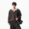 QOTRIOCK Men's Fake Two-Piece Lapel Knit Sweater