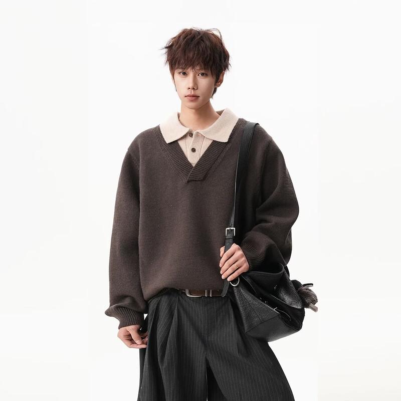QOTRIOCK Men's Fake Two-Piece Lapel Knit Sweater