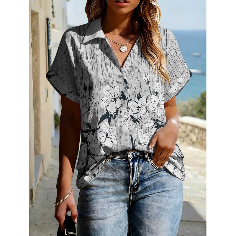 Floral Print Womens Loose Fit Short Sleeve V-Neck Top - Sleeveless Button-Free Casual Shirt Street Style