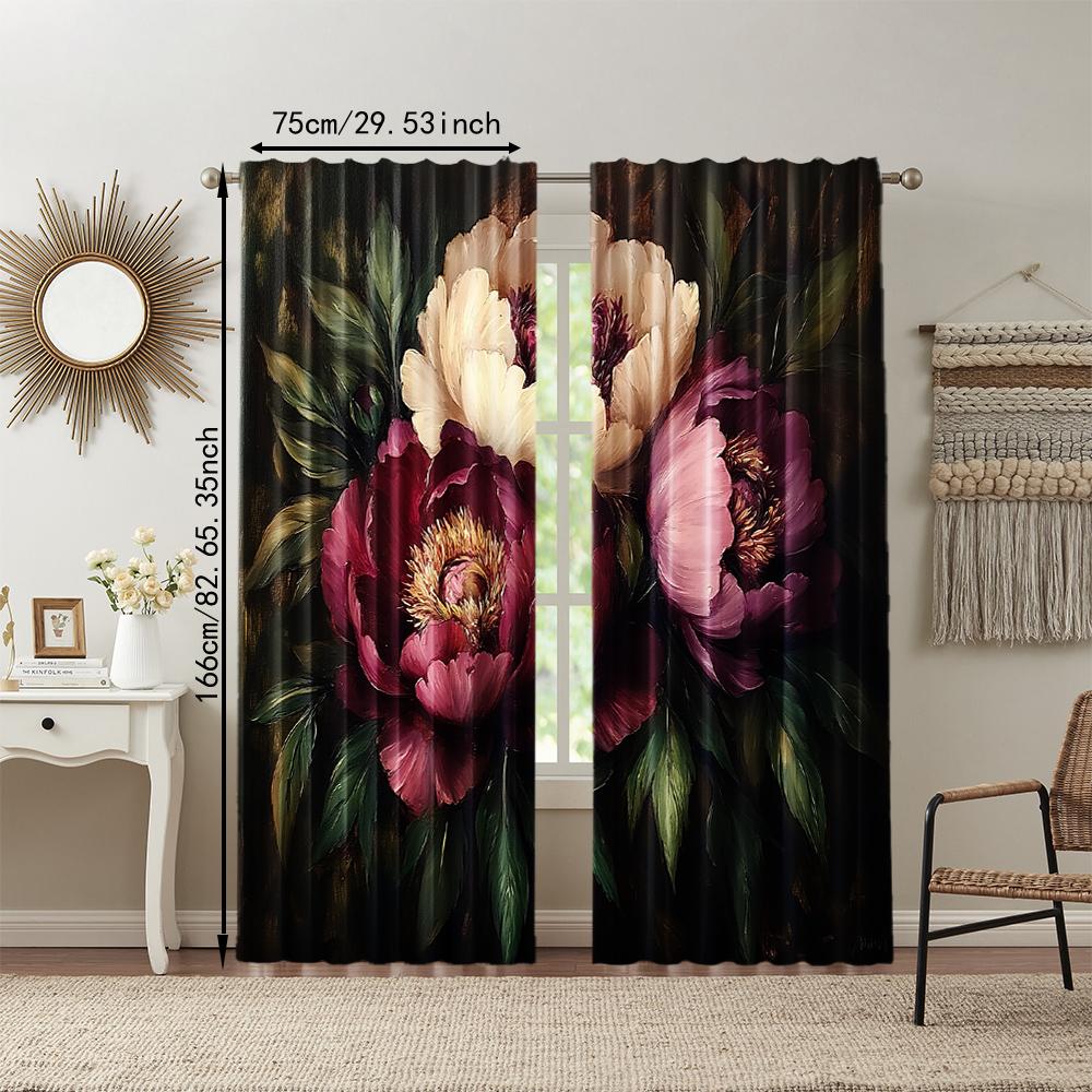 2 pcs   versatile polyester transparent curtains for home decoration Romantic Peony Floral for use in bedrooms and living rooms