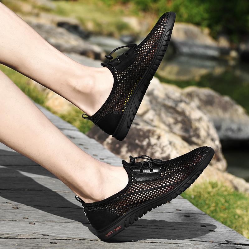 Fashion Men Casual Mesh Shoes Summer Breathable Outdoor Lightweight Hiking Trekking Genuine Leather Sneaker Fashion Soft Sole Low Shoes