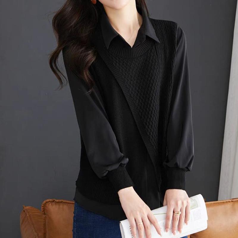 Shirt for Women Oversize Cotton Loose Blouse Fake Two Pieces Casual Long Sleeve Pullover Turn Down Collar Shirt Top
