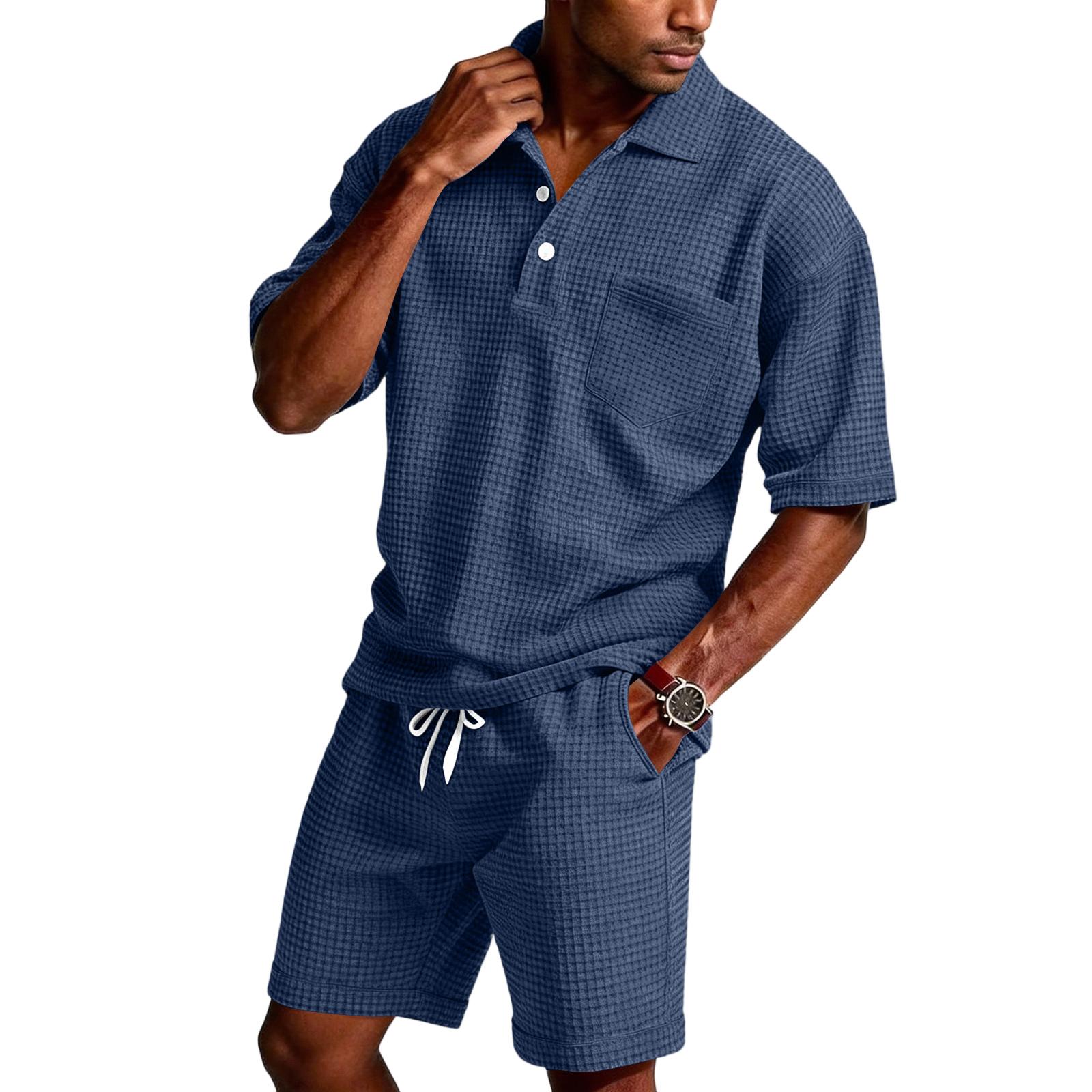 

Men s Summer Hawaiian Button Shirt Shorts Set M Темно-синій