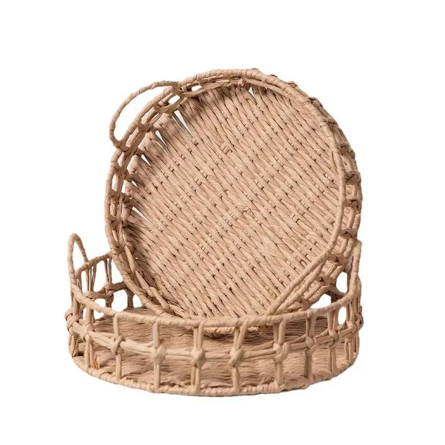 Fruit Basket Hand-woven Retro Decoration Tray Wicker Round Tray Ornaments Restaurant Bakery Storage Desktop Storage Organizer