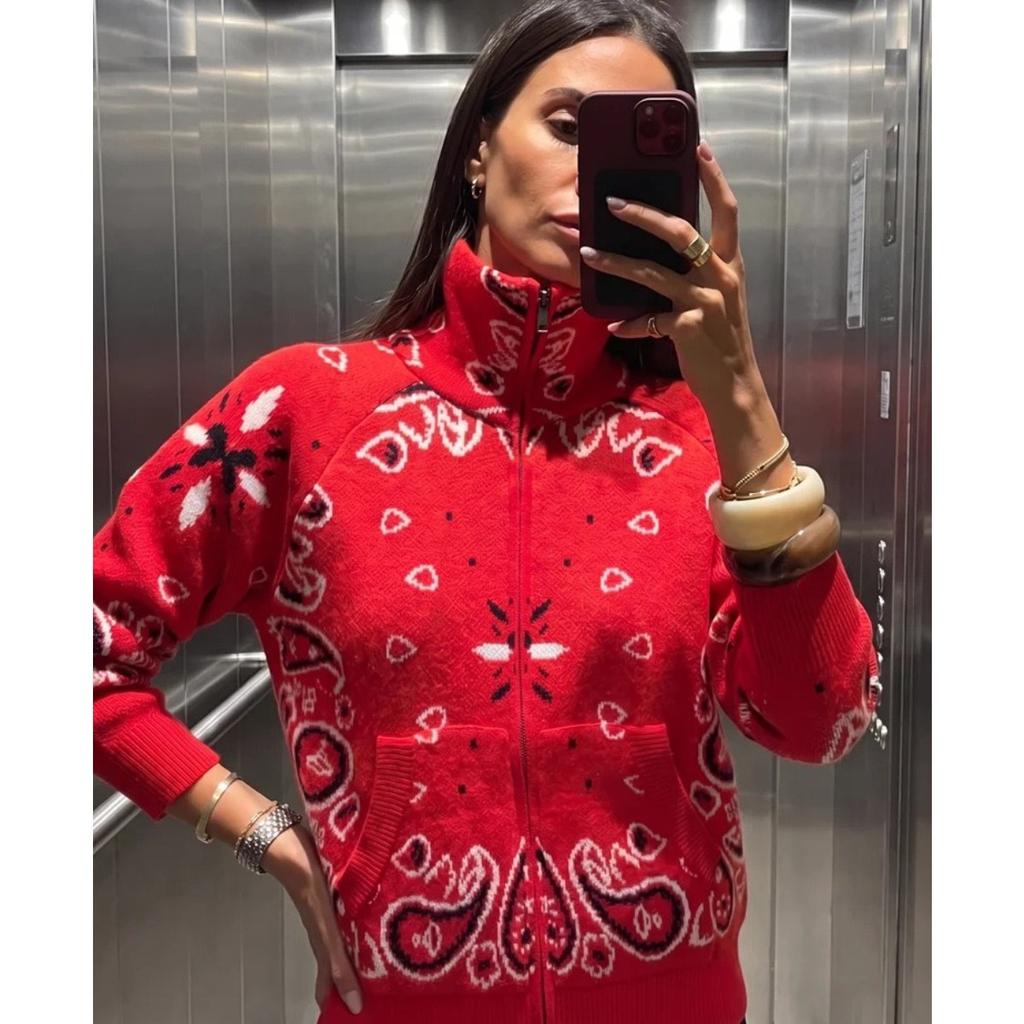 KOSY Knitted Stand Collar Zippers Cardigan Women's Casual Printed Full Sleeve Sweaters Spring New Female Fashion Knitwear