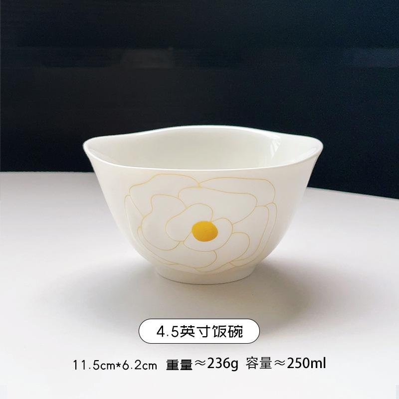 Скандинавский стиль Белая простая посуда Камелия Креативная керамическая миска Бытовая тарелка Большая емкость Суповая миска Миска высокой ценности