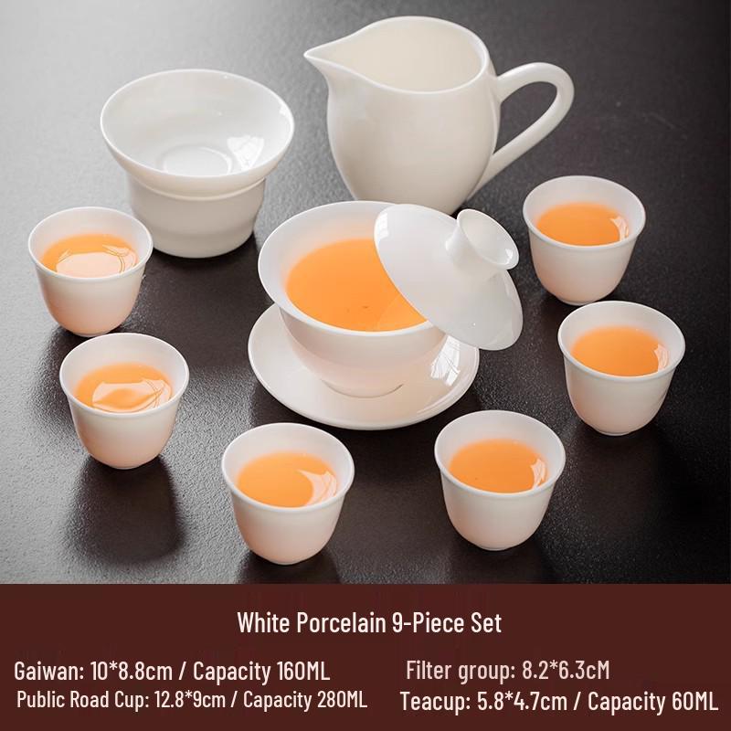 High-Grade Mutton Fat Jade Rotating Lid Bowl and White Porcelain Teapot Set