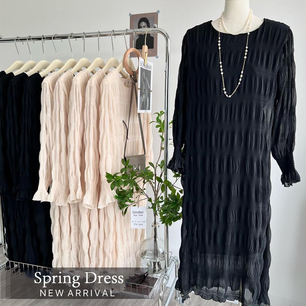 Long Chiffon Dress with Pleated Puff Stylish Dress for Casual and and Fall [OGCPWYQZ] Women's Sleeves, Lined, Slimming, Parties, Weddings, Commuting,