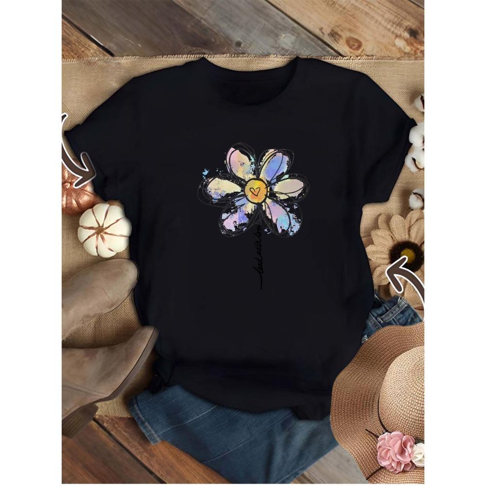 

Strange Windmill Women s Casual T-Shirt Vibrant Watercolor Floral Print Round Neck Short Sleeve Top Clothes S