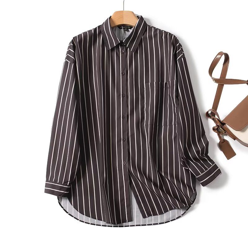 

MD Women clothes Young Elegant and Capable Commuter Style Drape Loose Vertical Stripes Shirts Top 05160760700 Brown S