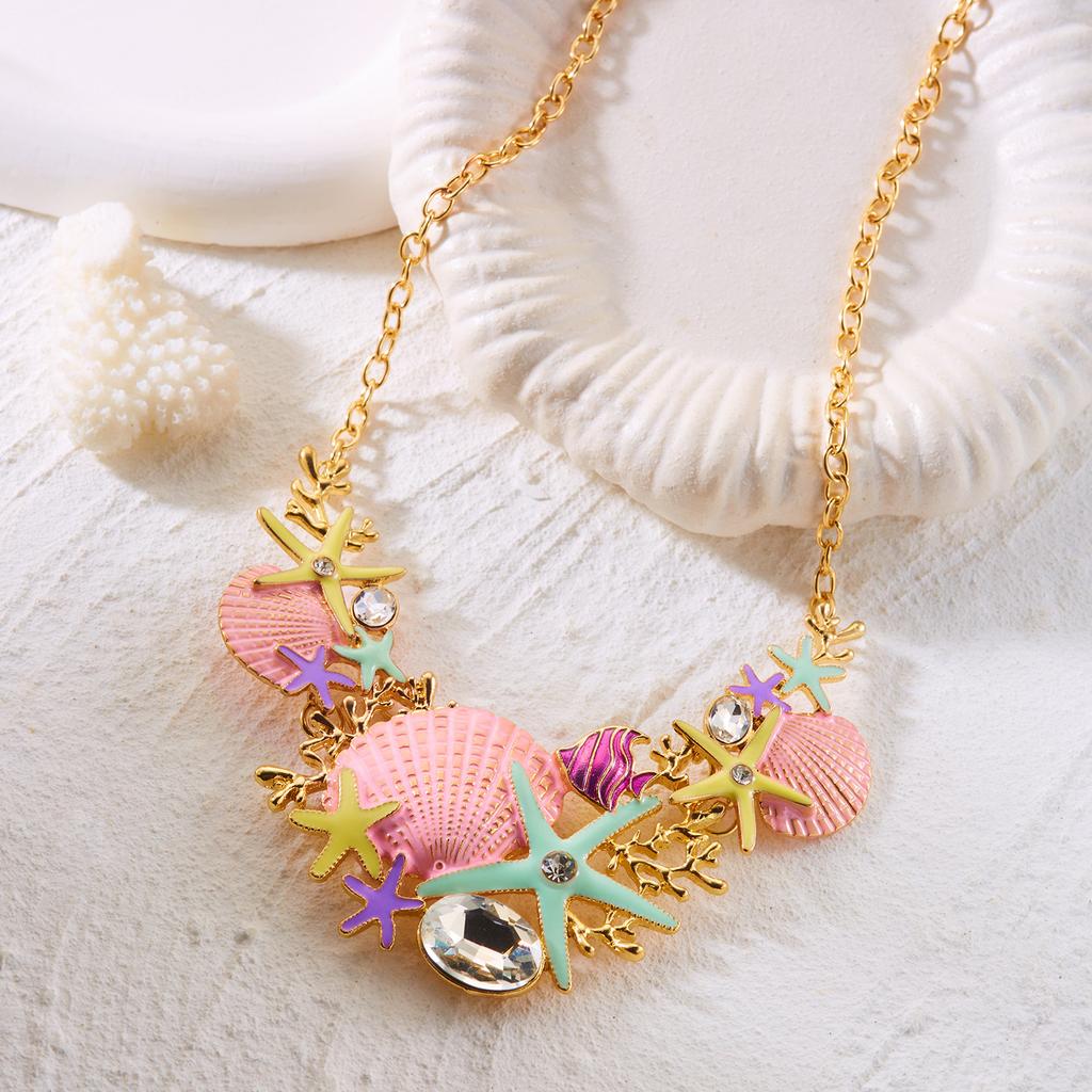 Dopamine Starfish Shell Coral Diamond-Encrusted Necklace Beach Vacation Style Accessory Women's Fashion Trend Gift