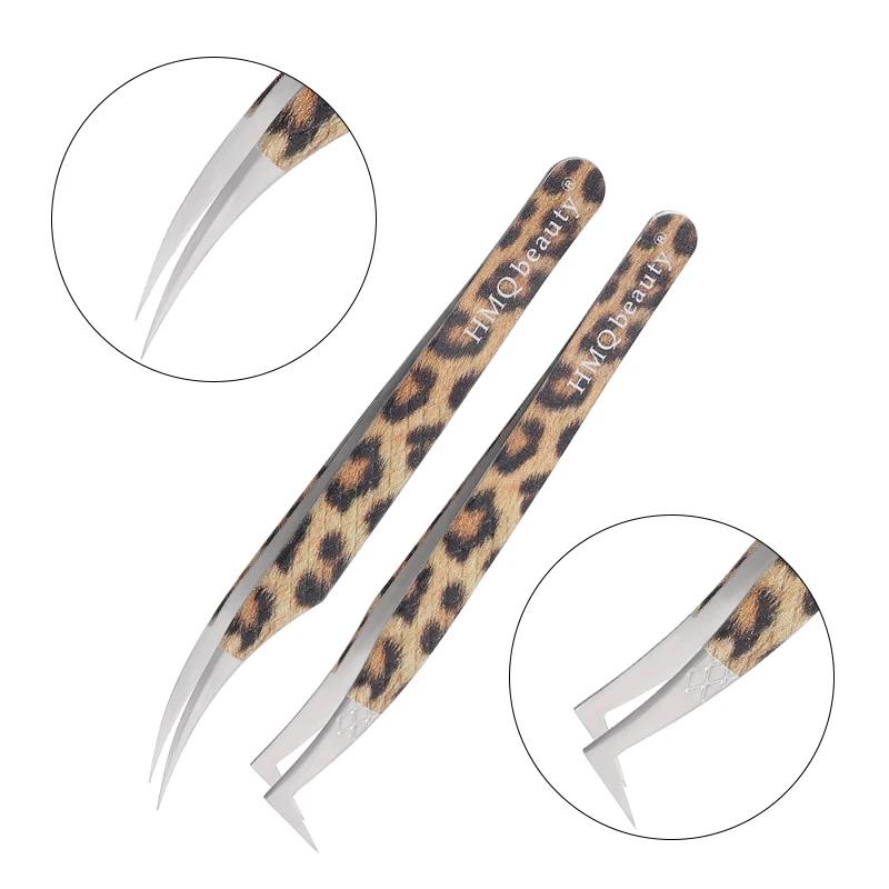 2Pcs Leopard Lash Tweezers Stainless Steel Superhard Tweezer 3D Volume Accurate Anti-Static Eyelash Extension Clip Beauty Tools