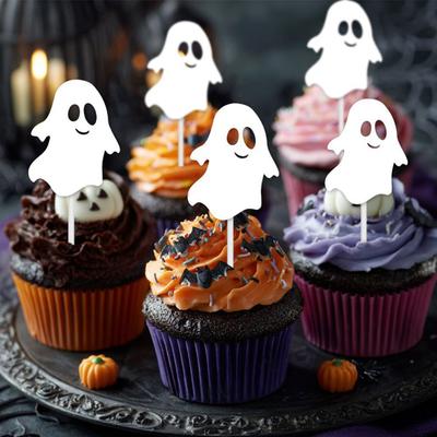12 Pcs Halloween Cupcake Toppers Black Spider Skull Bat White Ghost Cake Picks for Halloween Theme Birthday Party Supplies