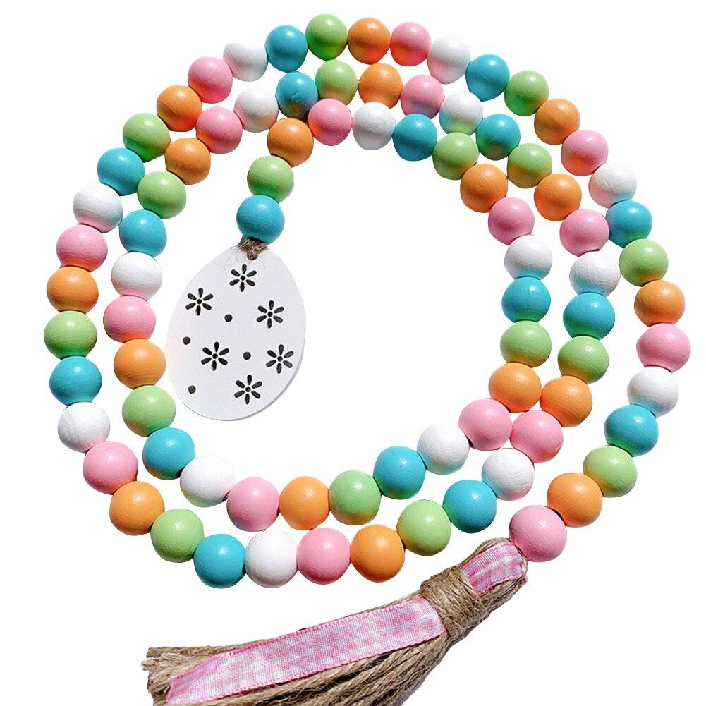 Colorful Easter Wood Bead Garland With Tassel And Bunny Tag Boho Decor Hanging Farmhouse Rustic Bead Easter Decorations For Home