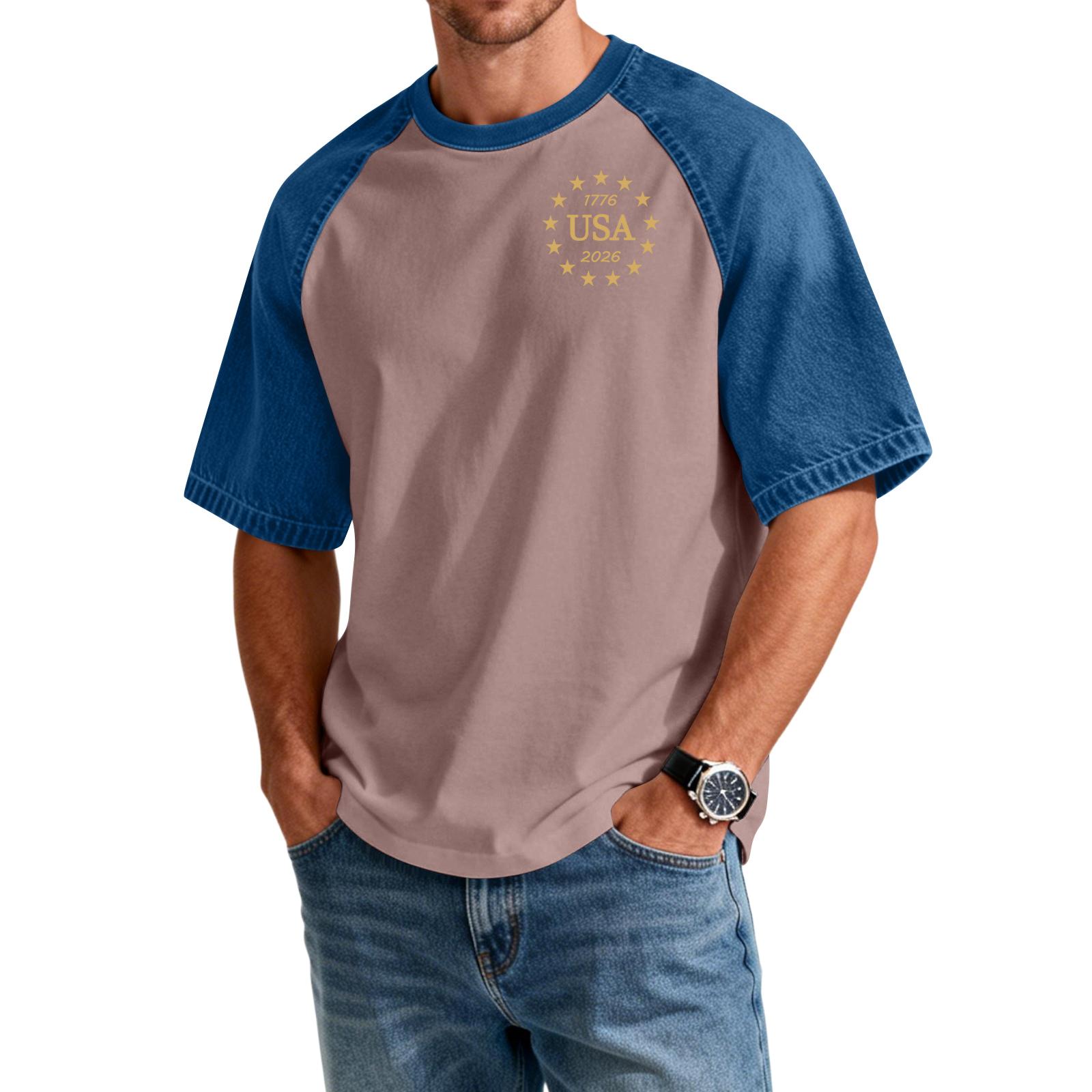 

Men s Denim Patchwork Shirt, Casual Short-sleeved Comfortable T-shirt, Fashionable For Spring And Summer. XL рожевий