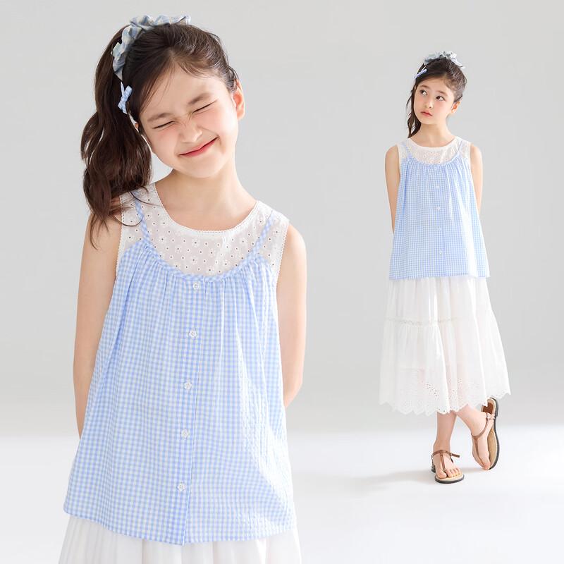 Mucmukn Girls Summer Plaid Embroidered Faux Two-Piece Top 170 cm