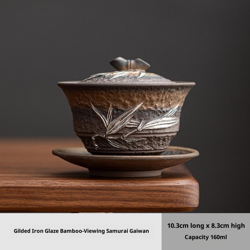 

Vintage Gilded Iron Glaze Bamboo Three Talents Gaiwan Kung Fu Tea Set Raw Mineral Coarse Pottery Tea Bowl Gaiwan