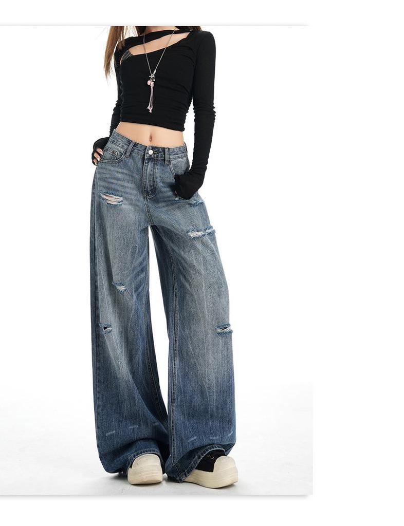 American Retro Wide-Leg Ripped Jeans - Women’s Fashionable Slimming Spring/Autumn Style