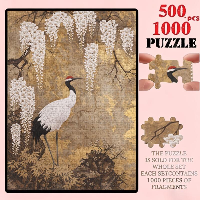 500/1000pcs Puzzle Game (Dan Crane Perched Among Blooming Flowers with a Golden-Brown Background) Suitable for Living Room Decoration, Study Room Deco
