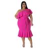 Abiti Midi da Donna Taglie Forti Moda Casual con Bordi Arricciati