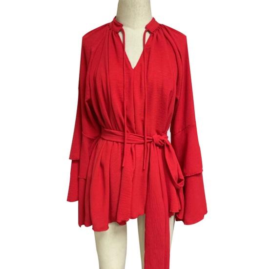 Summer Ruffle Long Sleeve Dress for Women Casual V Neck A-line Swing Mini Dress with Belt Irregular Vacation Dress