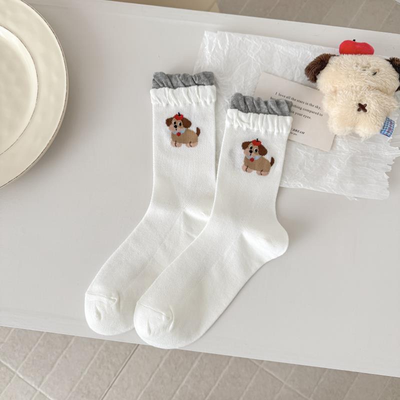Spring/Summer Striped Mesh Puppy Socks: Cute Cartoon Polka Dot Mid-Calf for Women