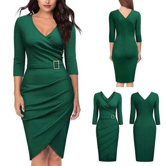Solid Color Women V Neck 3/4 Sleeve High Waist Belted Irregular Pencil Dress